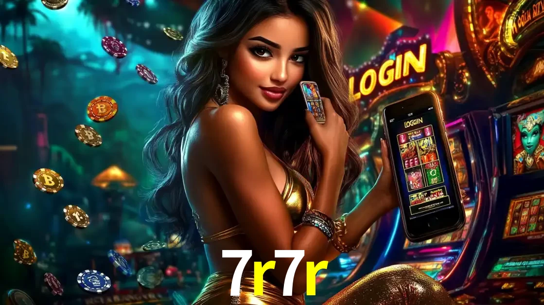 Mulher em um cenário de cassino temático de aventura, mostrando o app de caça-níqueis da 7r7r no celular. Fichas de apostas flutuam ao redor.