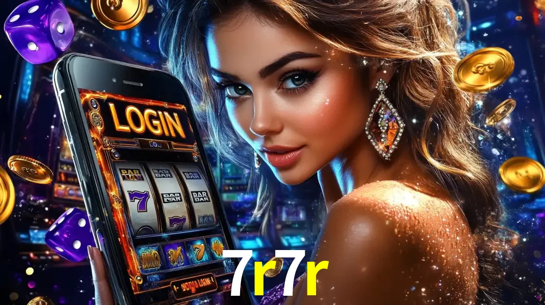 Mulher glamorosa segurando um smartphone com a tela de login para os jogos de caça-níqueis do cassino online 7r7r, com moedas de ouro e dados ao redor.