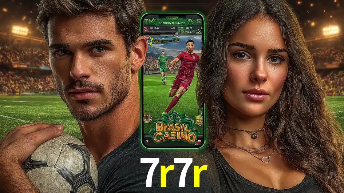 Homem segurando uma bola de futebol e uma mulher ao lado de um smartphone exibindo o jogo de apostas esportivas da 7r7r. Faça seu palpite no cassino online.